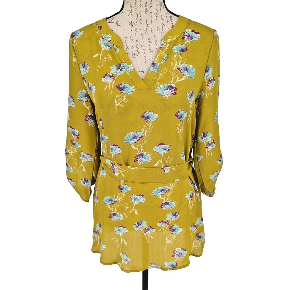 Le Lis Top Blouse Med Mustard Aqua Blue Floral USA Office Casual Modern